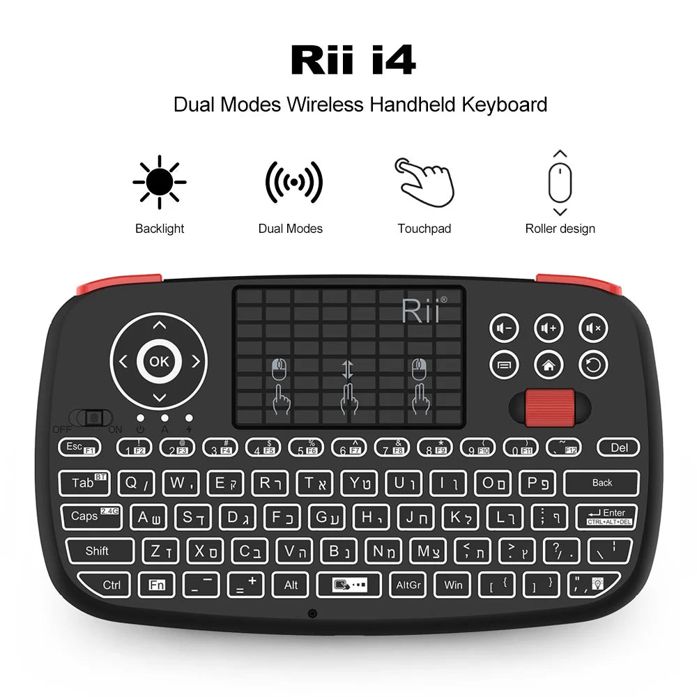 Original Rii i4 Bluetooth US/RU/HE/ES/FR Keyboard Portable Mini Wireless Keyboard With Backlit Keypad Touchpad Android/Window