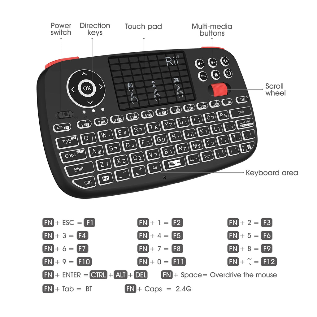 Original Rii i4 Bluetooth US/RU/HE/ES/FR Keyboard Portable Mini Wireless Keyboard With Backlit Keypad Touchpad Android/Window