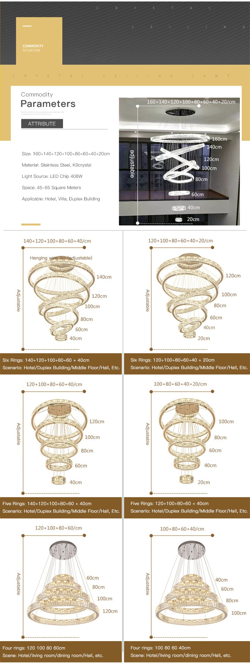 Remote Luxury Modern Ring Crystal Chandelier Lighting