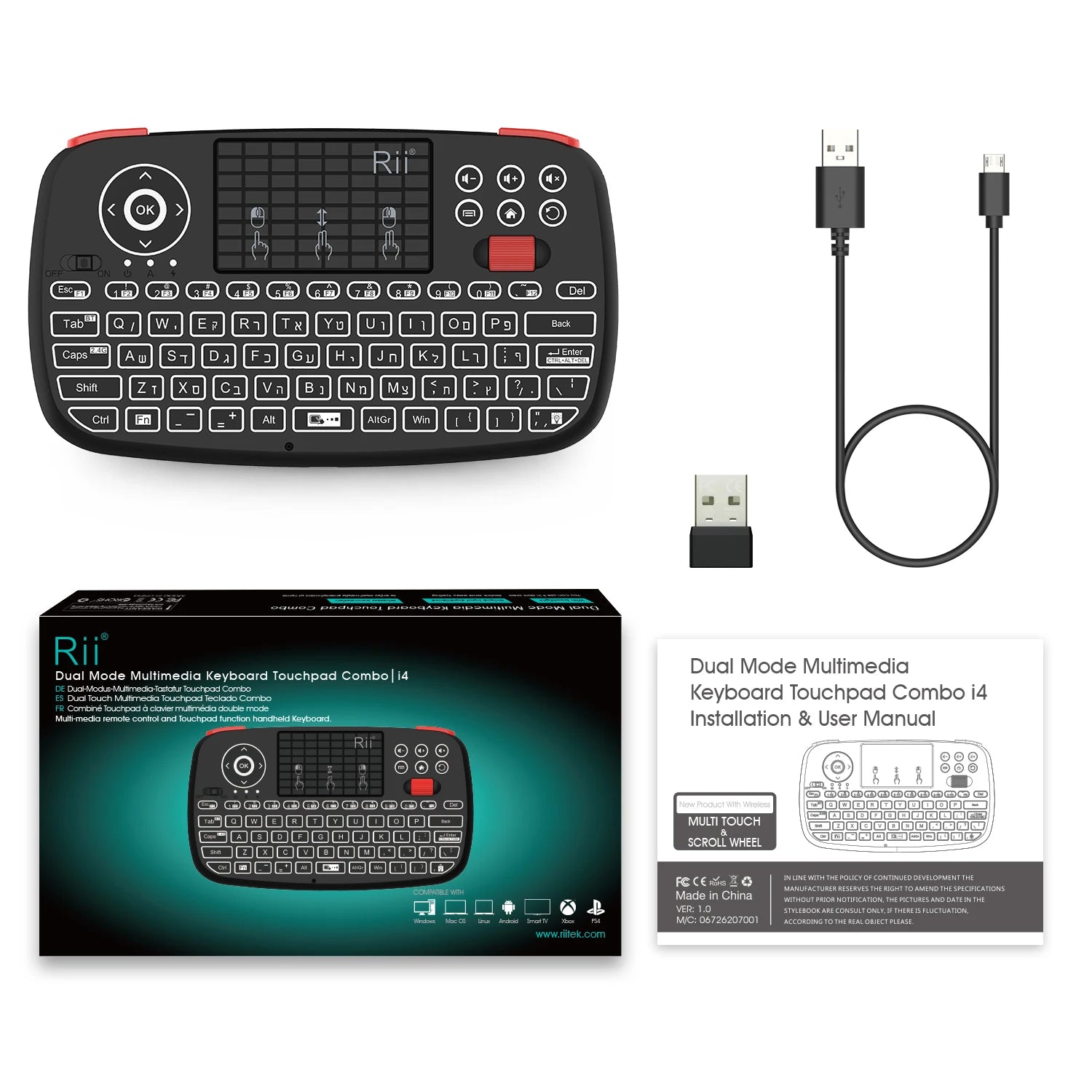 Original Rii i4 Bluetooth US/RU/HE/ES/FR Keyboard Portable Mini Wireless Keyboard With Backlit Keypad Touchpad Android/Window