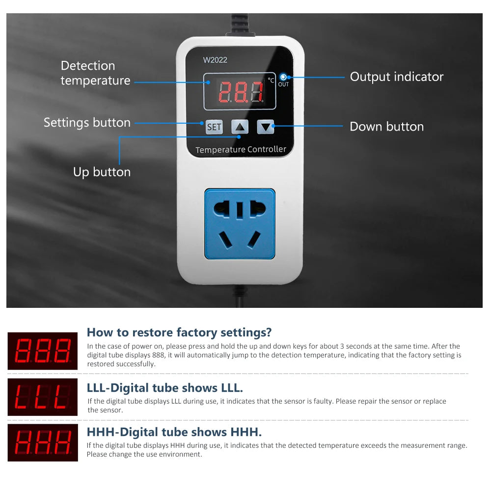 W2022 Temperature Controller 110-220V Thermostat Outlet Heat Mat Greenhouse Temperature Controller with NTC Sensor