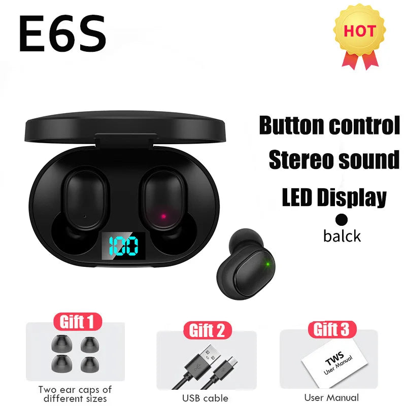 E6S Wireless Bluetooth Earphones TWS Bluetooth Headset Wireless Earbuds Noise Cancelling Headset With HD Microphone Headphones