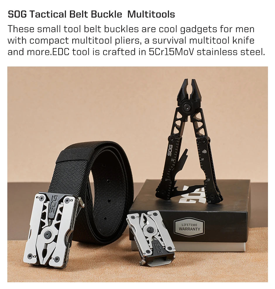 SOG Sync Mini Wearable Multitool Belt Buckle EDC Traveler Multi Tools Folding Pliers, Knife and 12 Survival Tools Kit For Men