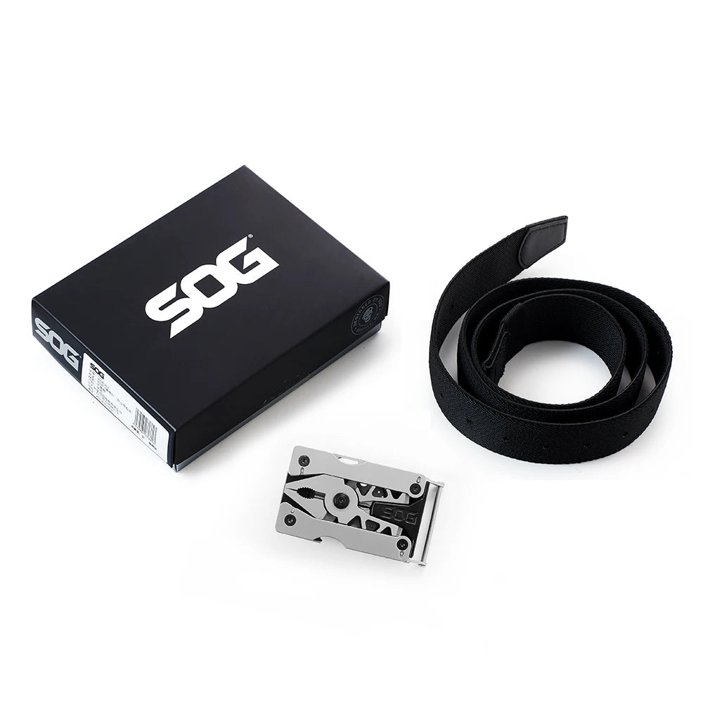 SOG Sync Mini Wearable Multitool Belt Buckle EDC Traveler Multi Tools Folding Pliers, Knife and 12 Survival Tools Kit For Men