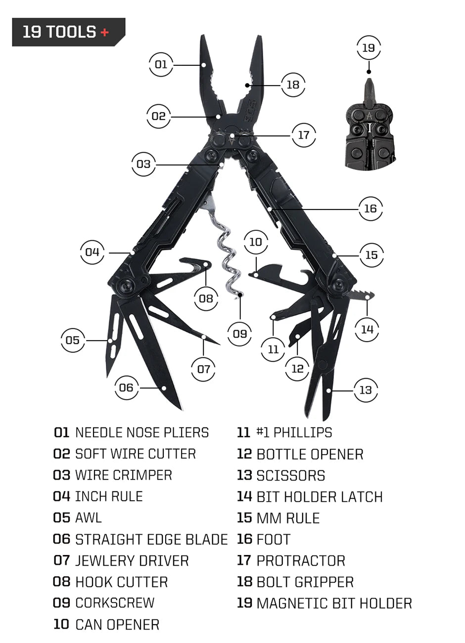 SOG PowerLitre 19 in 1 Multi-Tool Folding Pliers,Toughbuilt EDC Gadgets Multifunctional Hand Tools for Outdoor Survival Camping