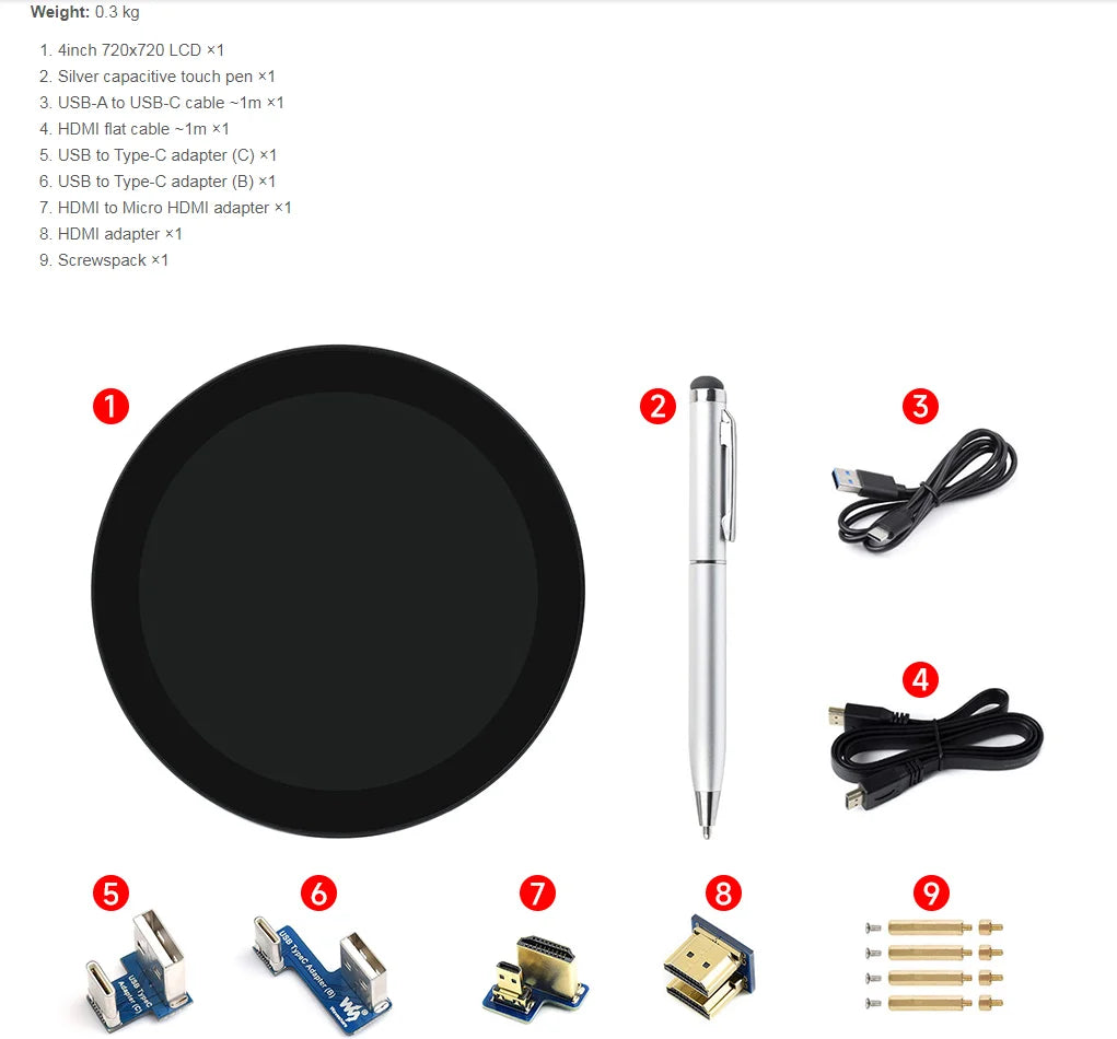 Raspberry Pie 5inch HDMI Round Touch Display, 1080 × 1080, IPS, 10-Point Touch, Optical Bonding Toughened Glass Panel 3.4/4inch