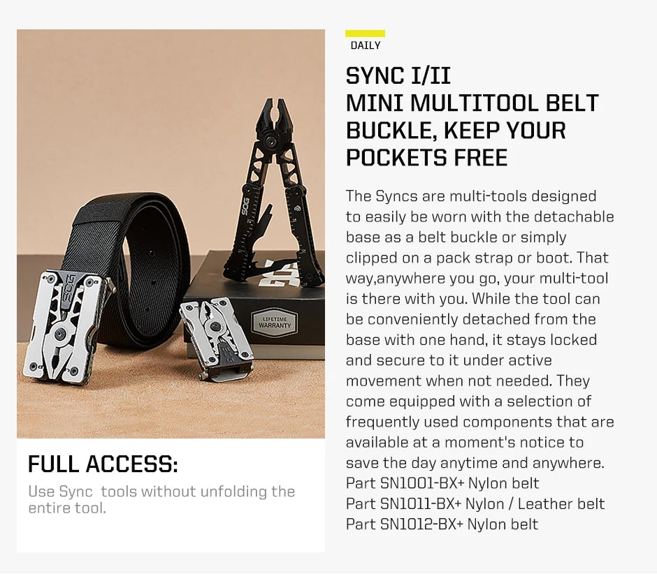 SOG Sync Mini Wearable Multitool Belt Buckle EDC Traveler Multi Tools Folding Pliers, Knife and 12 Survival Tools Kit For Men