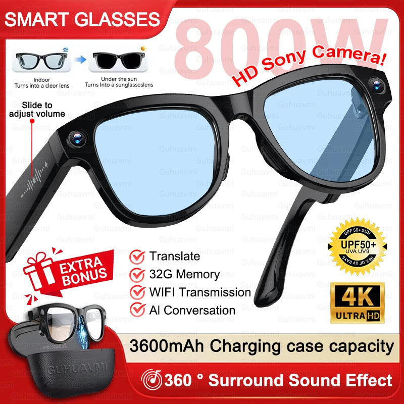 2026 AI Smart Glasses M02 Ultra 1080P HD Camera ChatGPT 3600mAh Charging Case Power Bank 32GB Translation Music Video Sunglasse