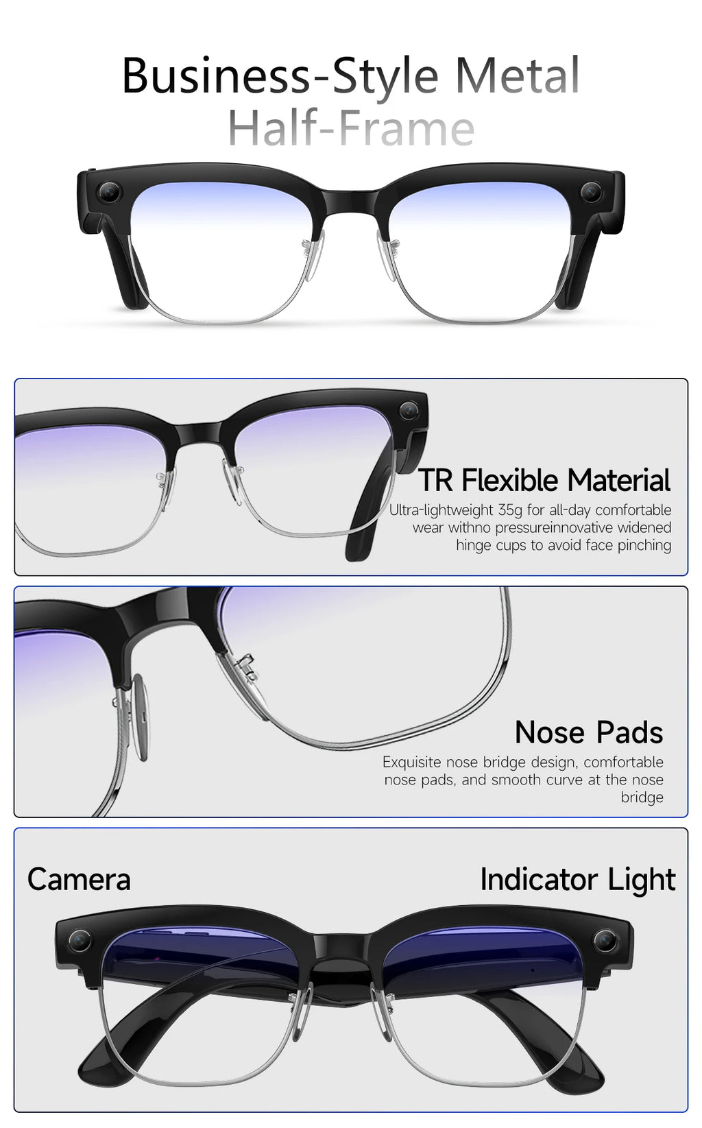 2026 AI Smart Glasses Men with 800W HD Camera Real-time Voice Translation & Call POV Video Recording Smart Eyewear Travel/Vlog