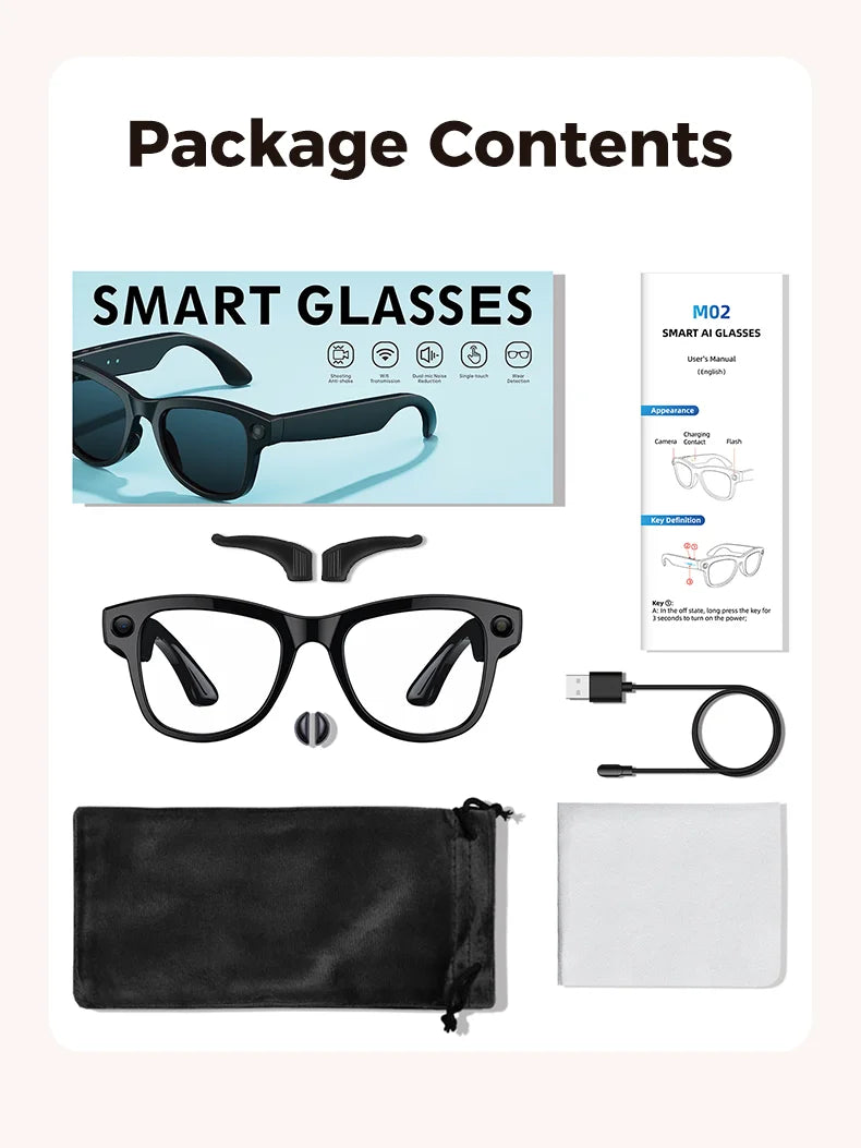 2026 AI Smart Glasses M02 Ultra 1080P HD Camera ChatGPT 3600mAh Charging Case Power Bank 32GB Translation Music Video Sunglasse