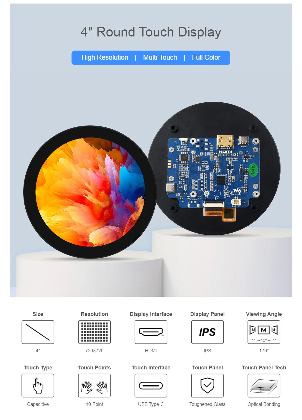 Raspberry Pie 5inch HDMI Round Touch Display, 1080 × 1080, IPS, 10-Point Touch, Optical Bonding Toughened Glass Panel 3.4/4inch