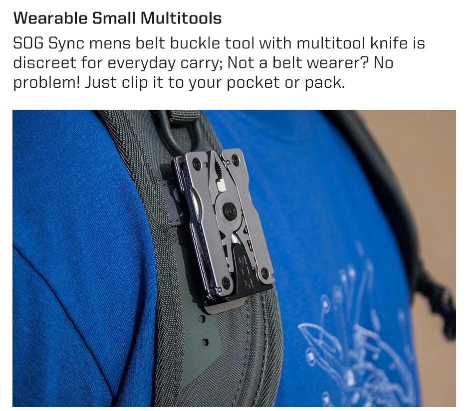 SOG Sync Mini Wearable Multitool Belt Buckle EDC Traveler Multi Tools Folding Pliers, Knife and 12 Survival Tools Kit For Men