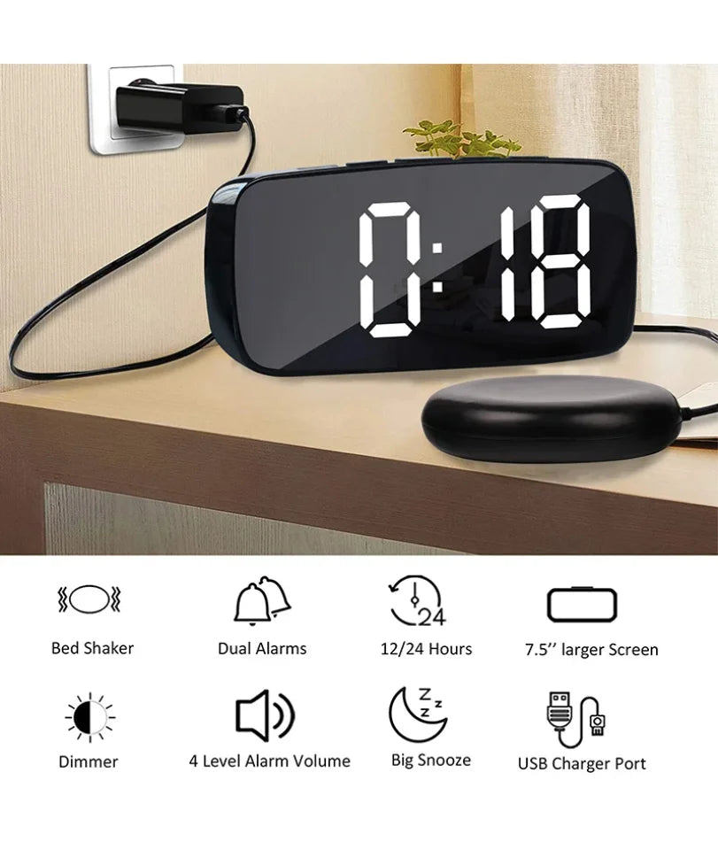 Super Loud Vibrating Alarm Clock with Bed Shaker Multifunctional Dual USB for Heavy Sleeper Deaf Hard of Hearing Snooze