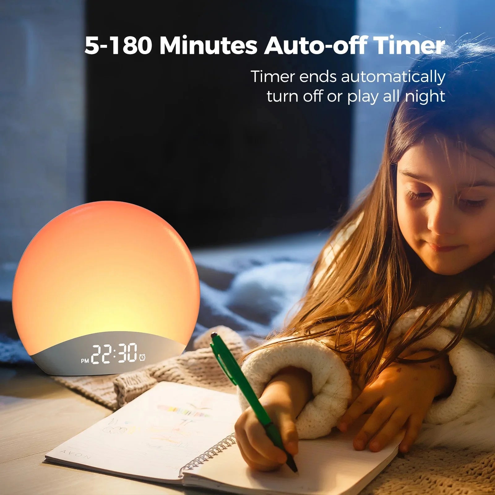 Awakening Wake Up Sunrise Alarm Clock Table Clock Dimmable with 3 Ring 8 Nightlight 26 Sound Sleep Timer Night Light