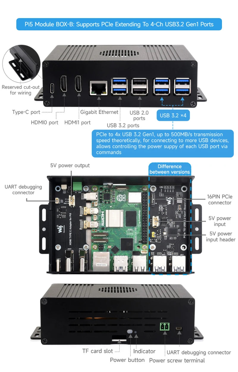Raspberry Pi 5 All-In-One Mini-Computer Kit PCIe to 4-Ch USB3.2 Gen1 Ports Module BOX Aluminum Alloy Case for RPi 5