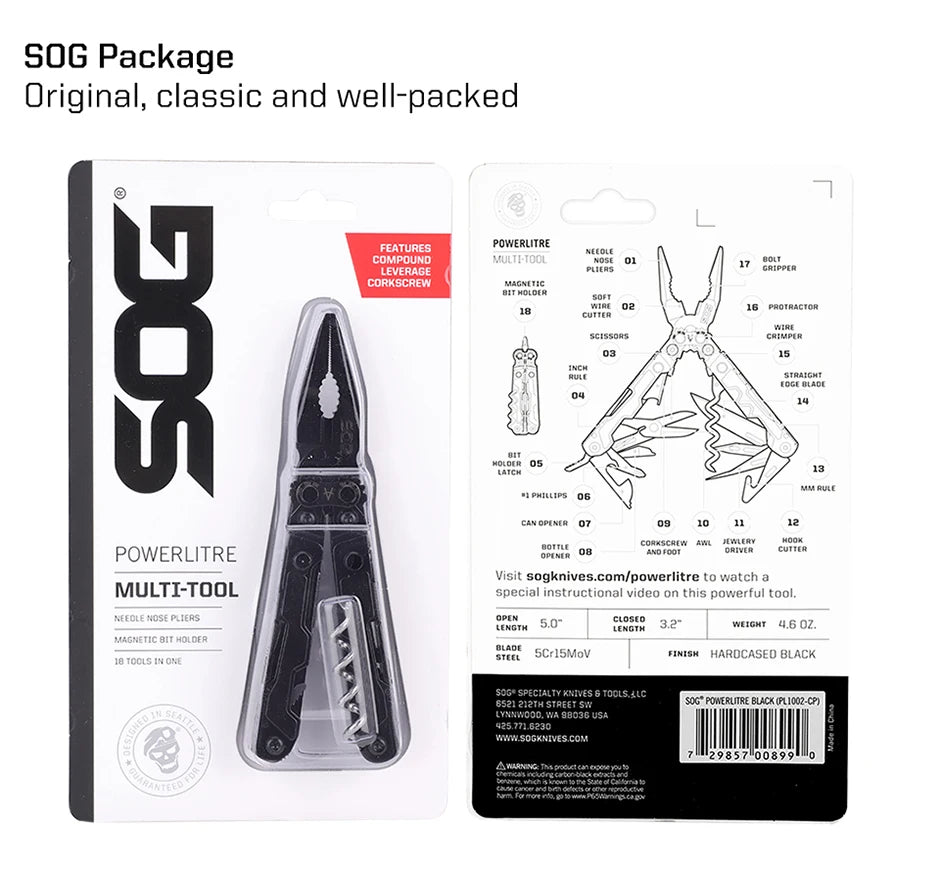 SOG PowerLitre 19 in 1 Multi-Tool Folding Pliers,Toughbuilt EDC Gadgets Multifunctional Hand Tools for Outdoor Survival Camping