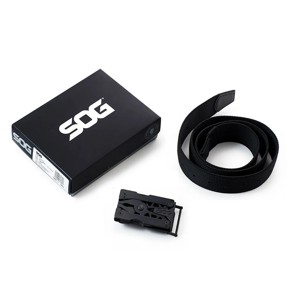 SOG Sync Mini Wearable Multitool Belt Buckle EDC Traveler Multi Tools Folding Pliers, Knife and 12 Survival Tools Kit For Men