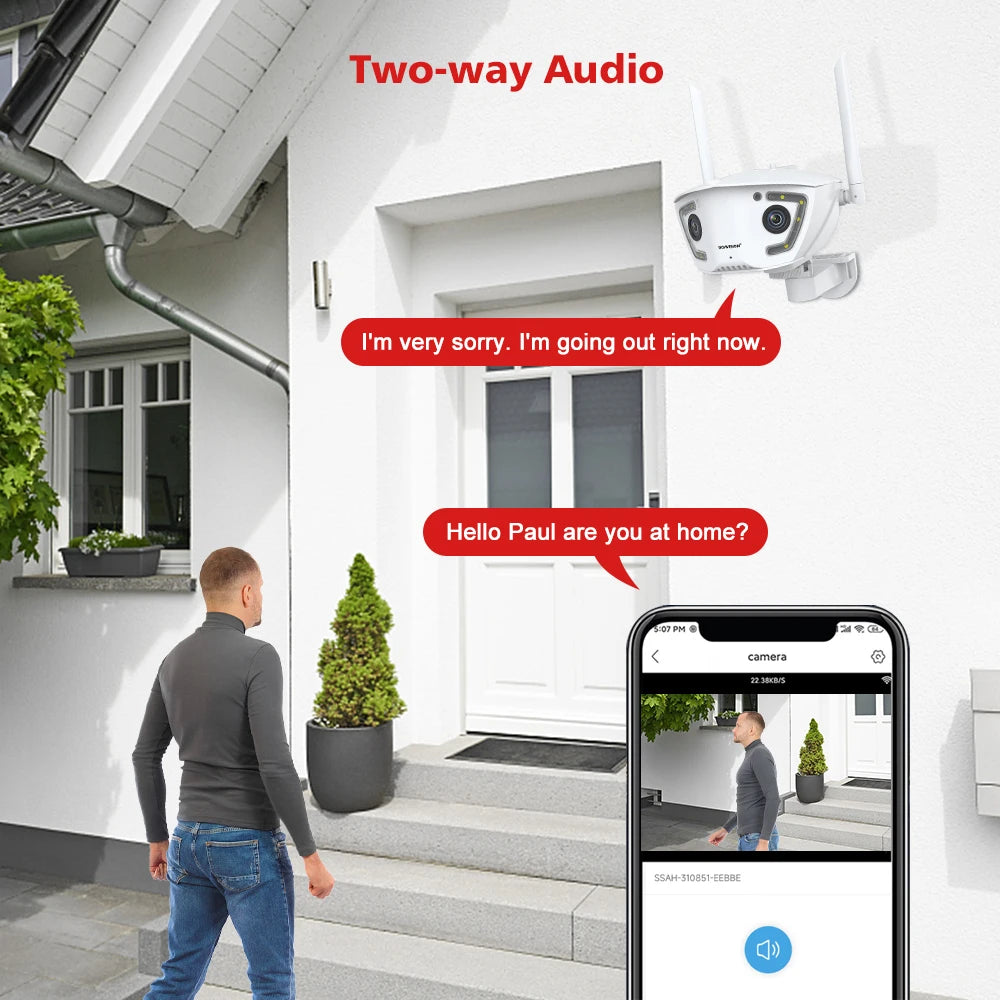 Wifi Surveillance Camera Outdoor 4MP POE Dual Lens 180° Ultra Wide Angle AI Human Detection Security Camera Camhipro APP