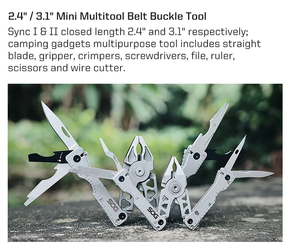 SOG Sync Mini Wearable Multitool Belt Buckle EDC Traveler Multi Tools Folding Pliers, Knife and 12 Survival Tools Kit For Men