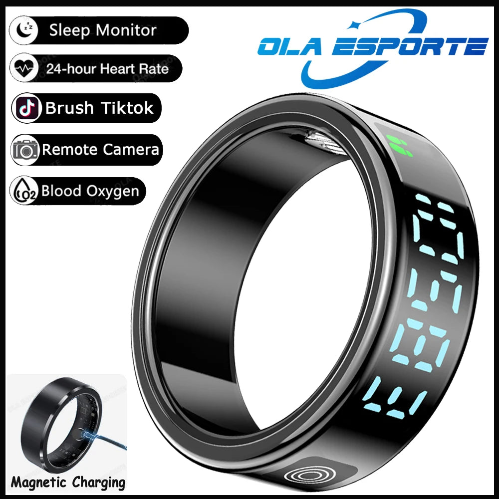 SR08 Smart Ring with Charging Box for Men Women LED Display Screen Gesture Control Health Monitor 5ATM Waterproof Sports Rings