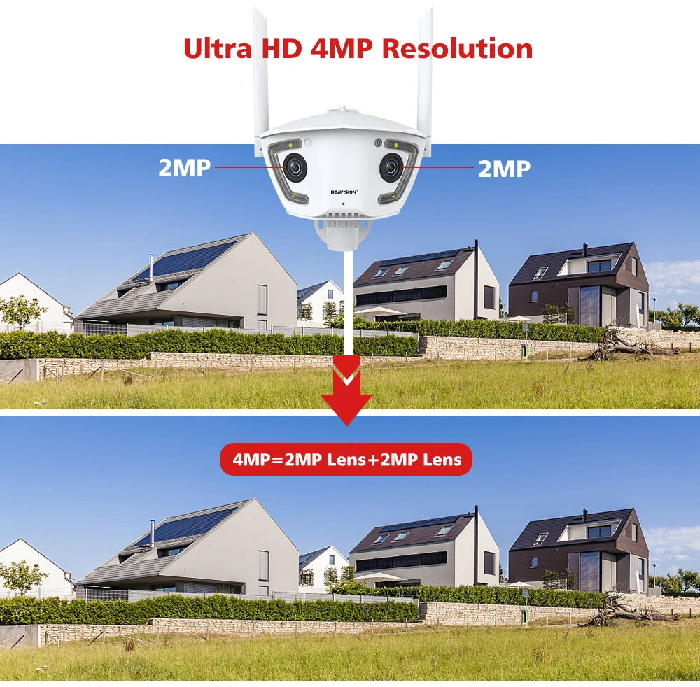 Wifi Surveillance Camera Outdoor 4MP POE Dual Lens 180° Ultra Wide Angle AI Human Detection Security Camera Camhipro APP