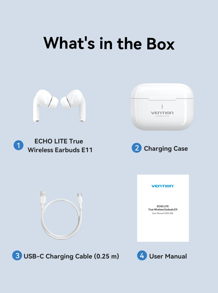 Vention ECHO LITE E11 Bluetooth Earphones Bluetooth 5.4 HiFi TWS True Wireless In Ear Headphones Stereo Sports Earbuds With Mic