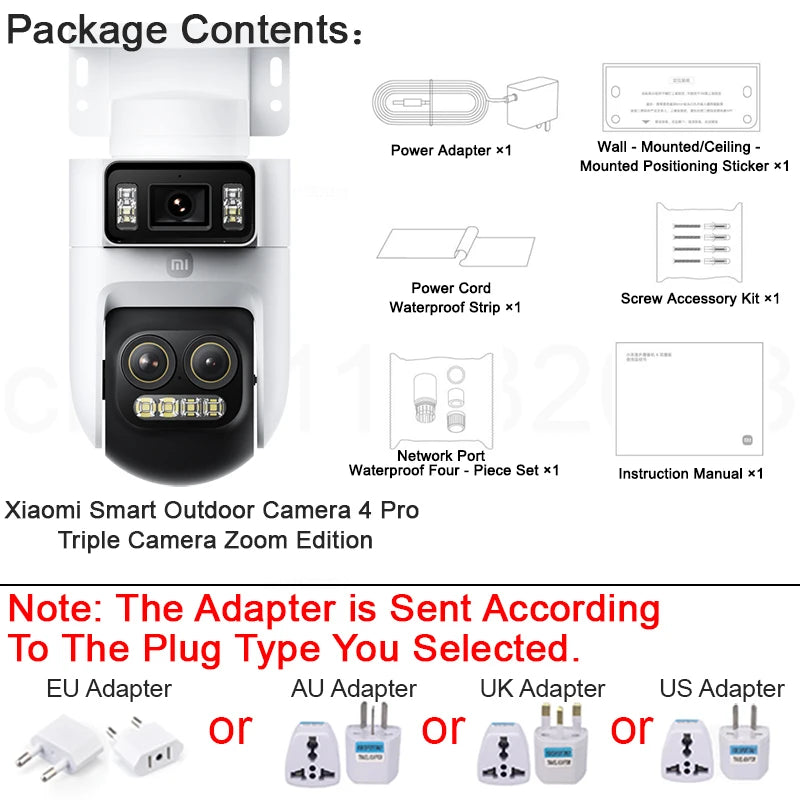 XIAOMI New Smart Outdoor Camera 4 Pro Triple Camera Zoom Edition，360° 5MP 3K，9x Hybrid Zoom，IP66，Chinese Version With Adapter