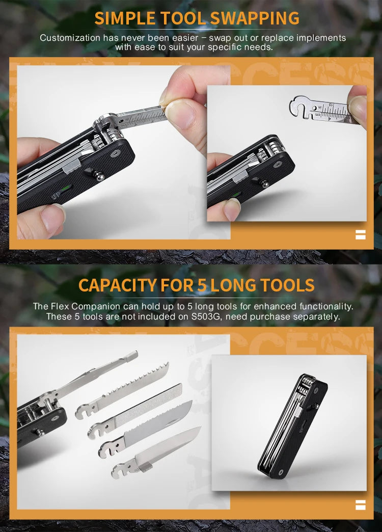 ROXON S503G Flex Companion Tool Modular Design and Customizable Pocket Tool, Preinstalled with 8 Essential Tools (1/4" Bit Drive