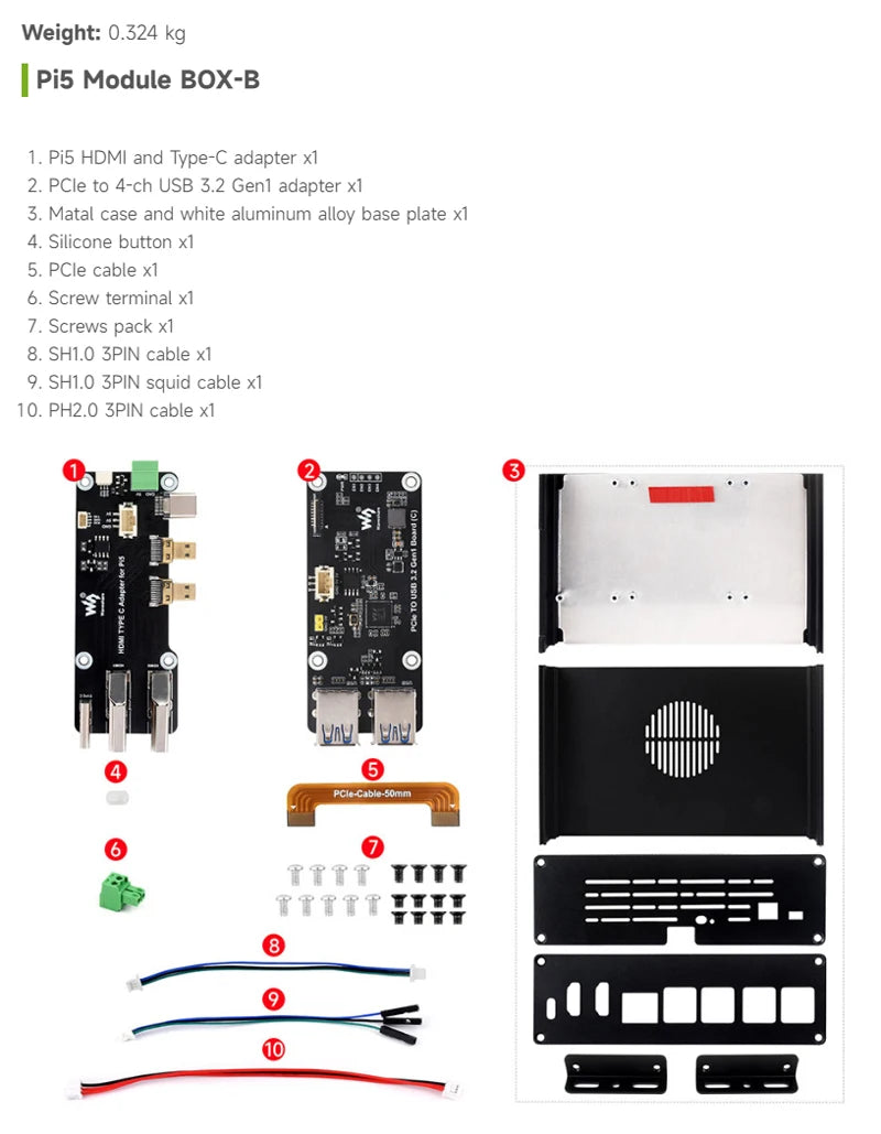 Raspberry Pi 5 All-In-One Mini-Computer Kit PCIe to 4-Ch USB3.2 Gen1 Ports Module BOX Aluminum Alloy Case for RPi 5