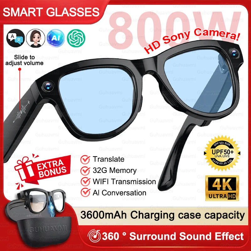 2026 AI Smart Glasses M02 Ultra 1080P HD Camera ChatGPT 3600mAh Charging Case Power Bank 32GB Translation Music Video Sunglasse