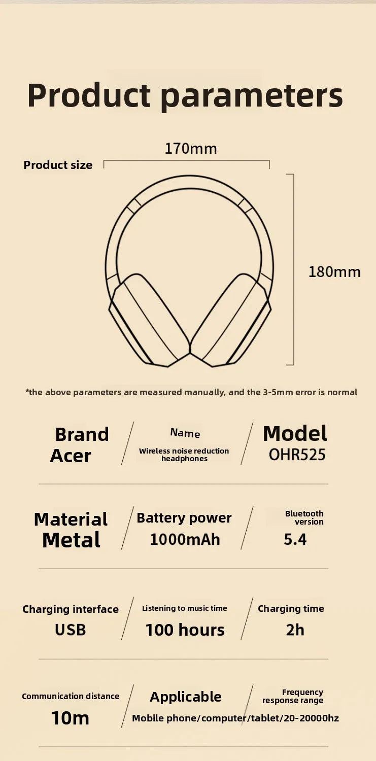 Acer ANC Bluetooth Headphones Surround Sound Headsets with HD Mic Active Noise Cancelling Earphones ENC-Calling 1000mAh OHR525