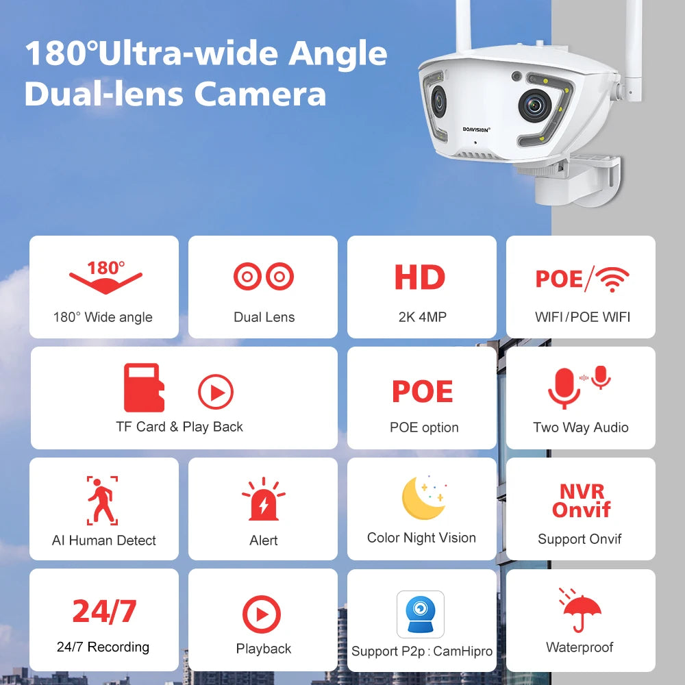 Wifi Surveillance Camera Outdoor 4MP POE Dual Lens 180° Ultra Wide Angle AI Human Detection Security Camera Camhipro APP