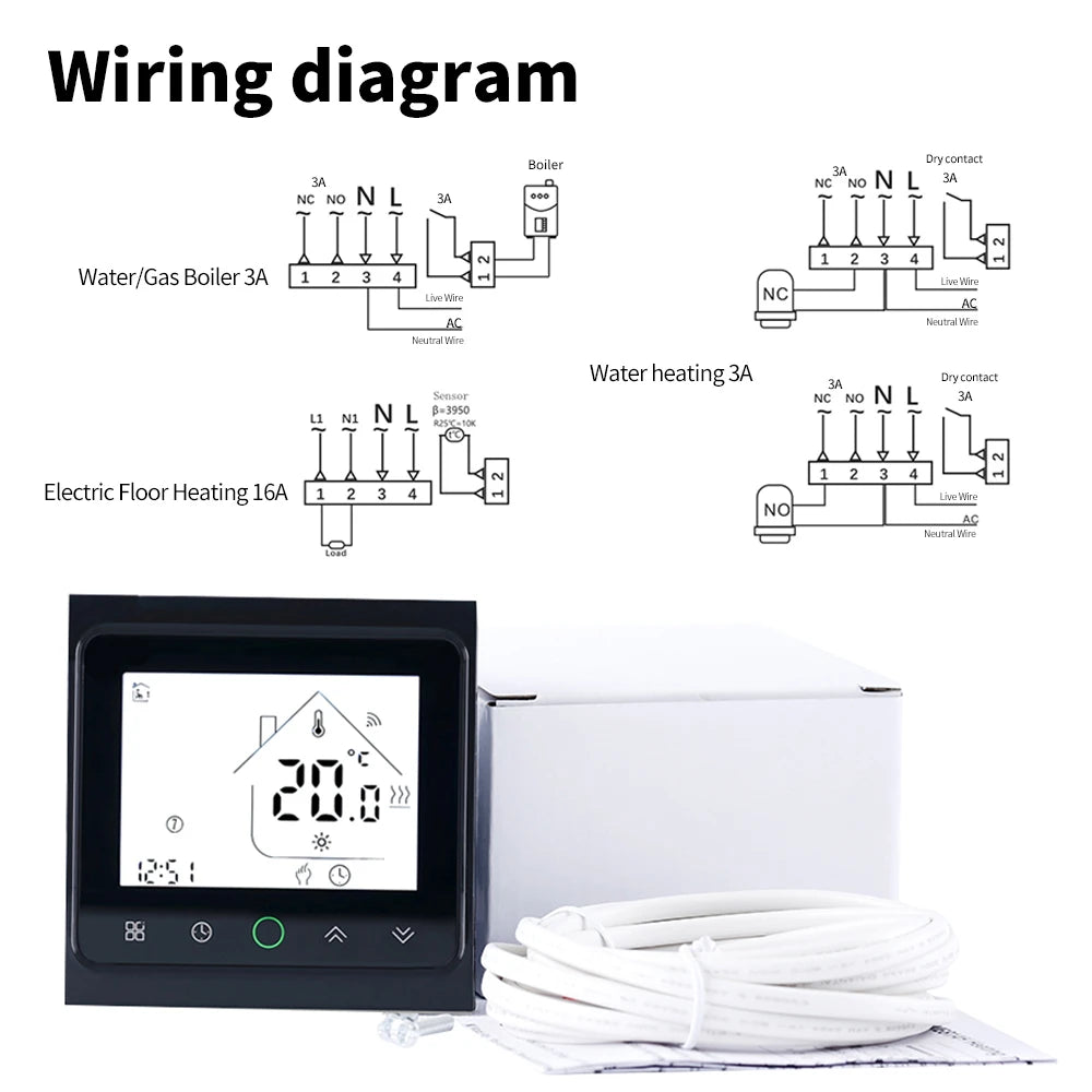 Smart WiFi Thermostat AC230V 3A 16A APP/Voice Control for Floor Heating with Digital LCD Display and Wall Mounted Installation