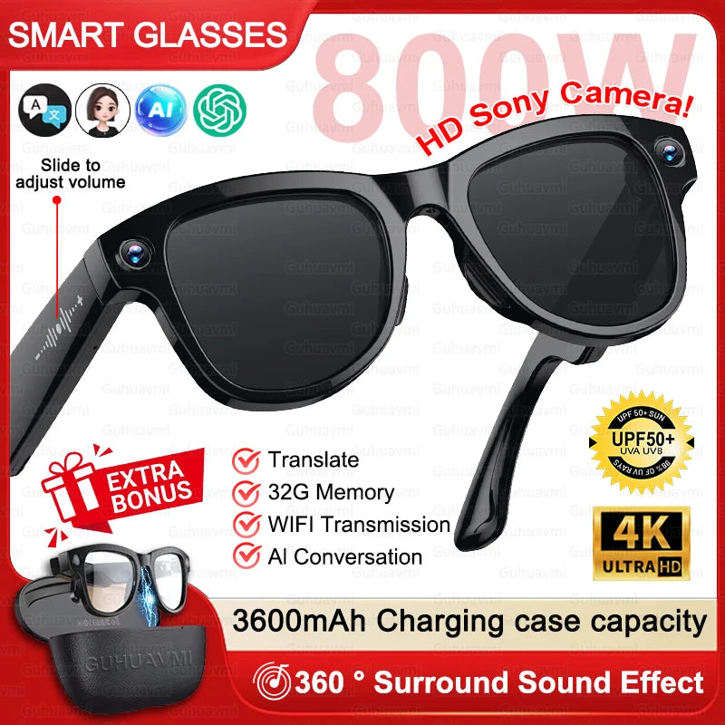 2026 AI Smart Glasses M02 Ultra 1080P HD Camera ChatGPT 3600mAh Charging Case Power Bank 32GB Translation Music Video Sunglasse