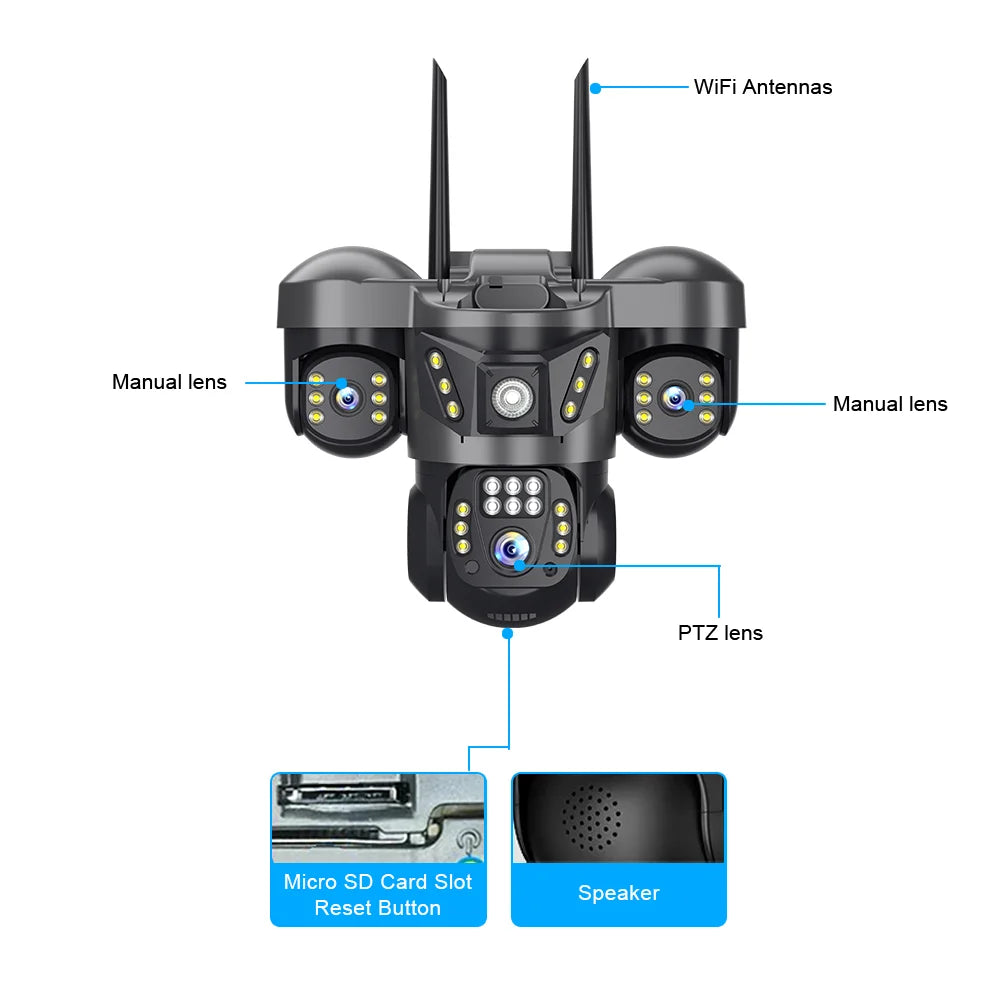 V380 Pro WiFi IP Camera Outdoor 15MP 8K Triple Lenses Triple Screens Security Video Monitor Night Vision Waterproof CCTV Cameras