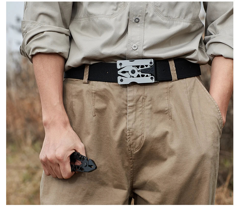 SOG Sync Mini Wearable Multitool Belt Buckle EDC Traveler Multi Tools Folding Pliers, Knife and 12 Survival Tools Kit For Men