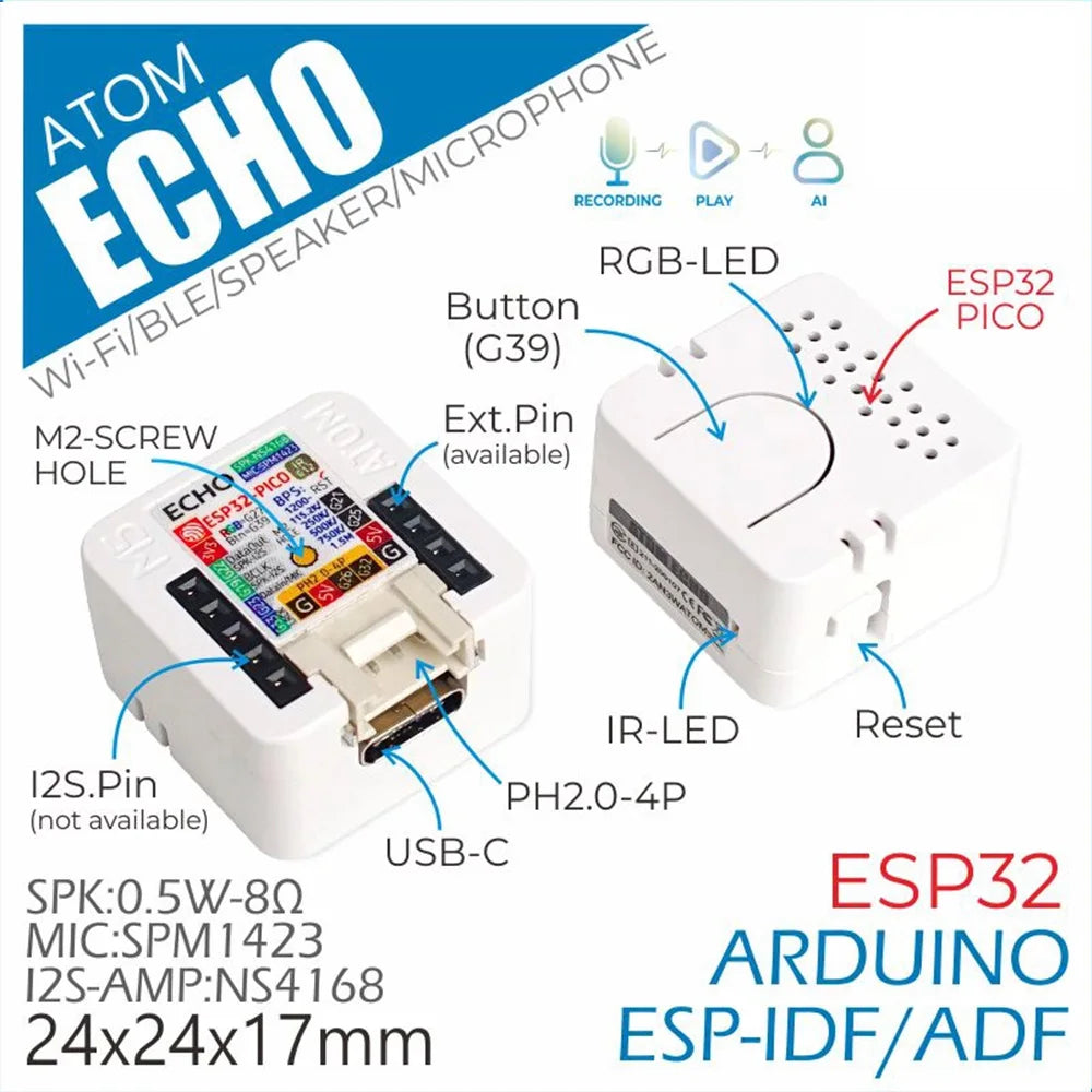 M5Stack ATOM Echo programmable AI smart speaker with built-in ESP32 Bluetooth WiFi Internet of Things Development Kit