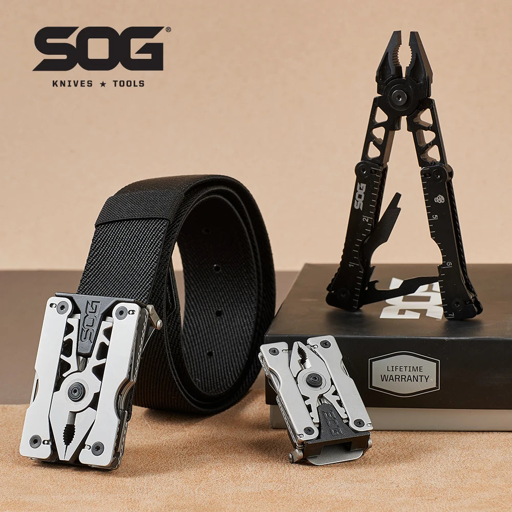 SOG Sync Mini Wearable Multitool Belt Buckle EDC Traveler Multi Tools Folding Pliers, Knife and 12 Survival Tools Kit For Men