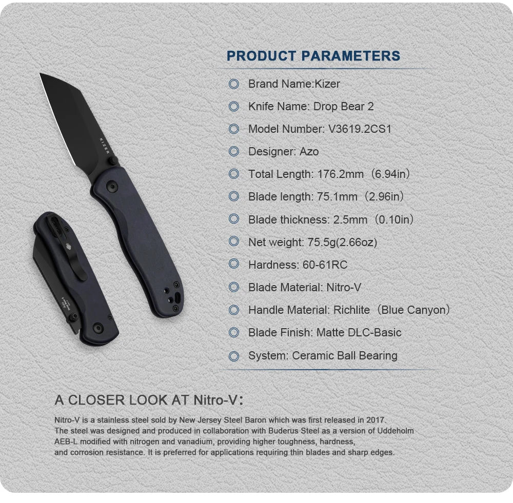 Kizer Pocket Folding Knife Drop Bear 2 V3619.2C Aluminum/Micarta/Richlite Handle With NitroV Blade Outdoor EDC Camping Knives