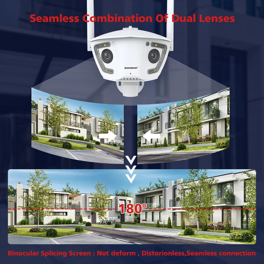 Wifi Surveillance Camera Outdoor 4MP POE Dual Lens 180° Ultra Wide Angle AI Human Detection Security Camera Camhipro APP