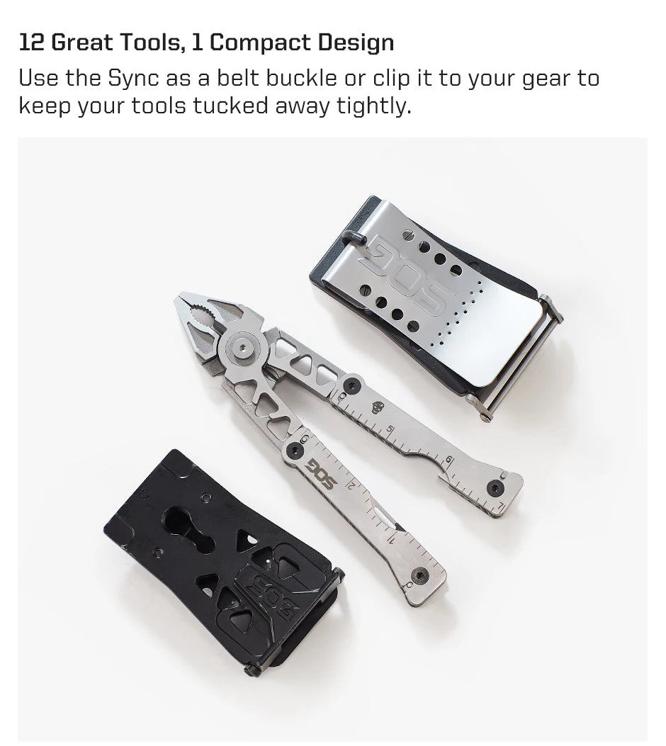 SOG Sync Mini Wearable Multitool Belt Buckle EDC Traveler Multi Tools Folding Pliers, Knife and 12 Survival Tools Kit For Men