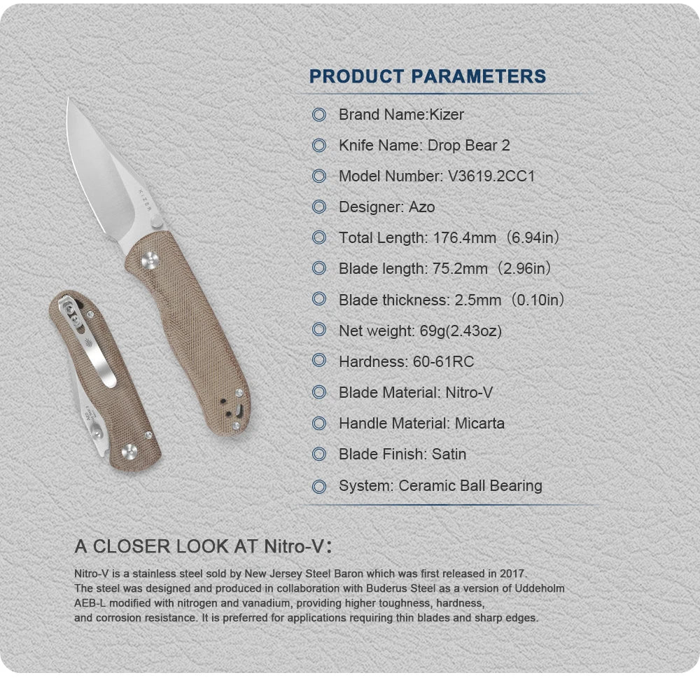 Kizer Pocket Folding Knife Drop Bear 2 V3619.2C Aluminum/Micarta/Richlite Handle With NitroV Blade Outdoor EDC Camping Knives
