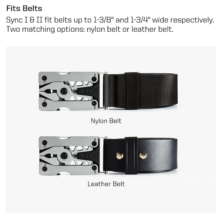 SOG Sync Mini Wearable Multitool Belt Buckle EDC Traveler Multi Tools Folding Pliers, Knife and 12 Survival Tools Kit For Men