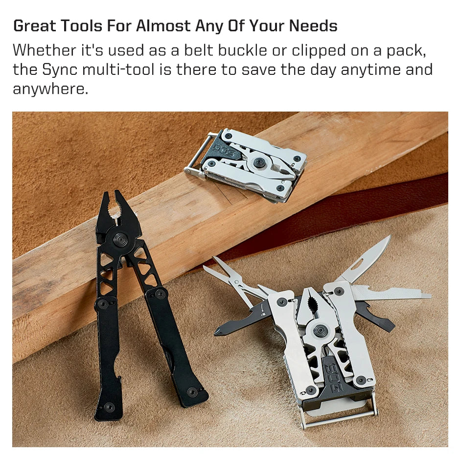 SOG Sync Mini Wearable Multitool Belt Buckle EDC Traveler Multi Tools Folding Pliers, Knife and 12 Survival Tools Kit For Men