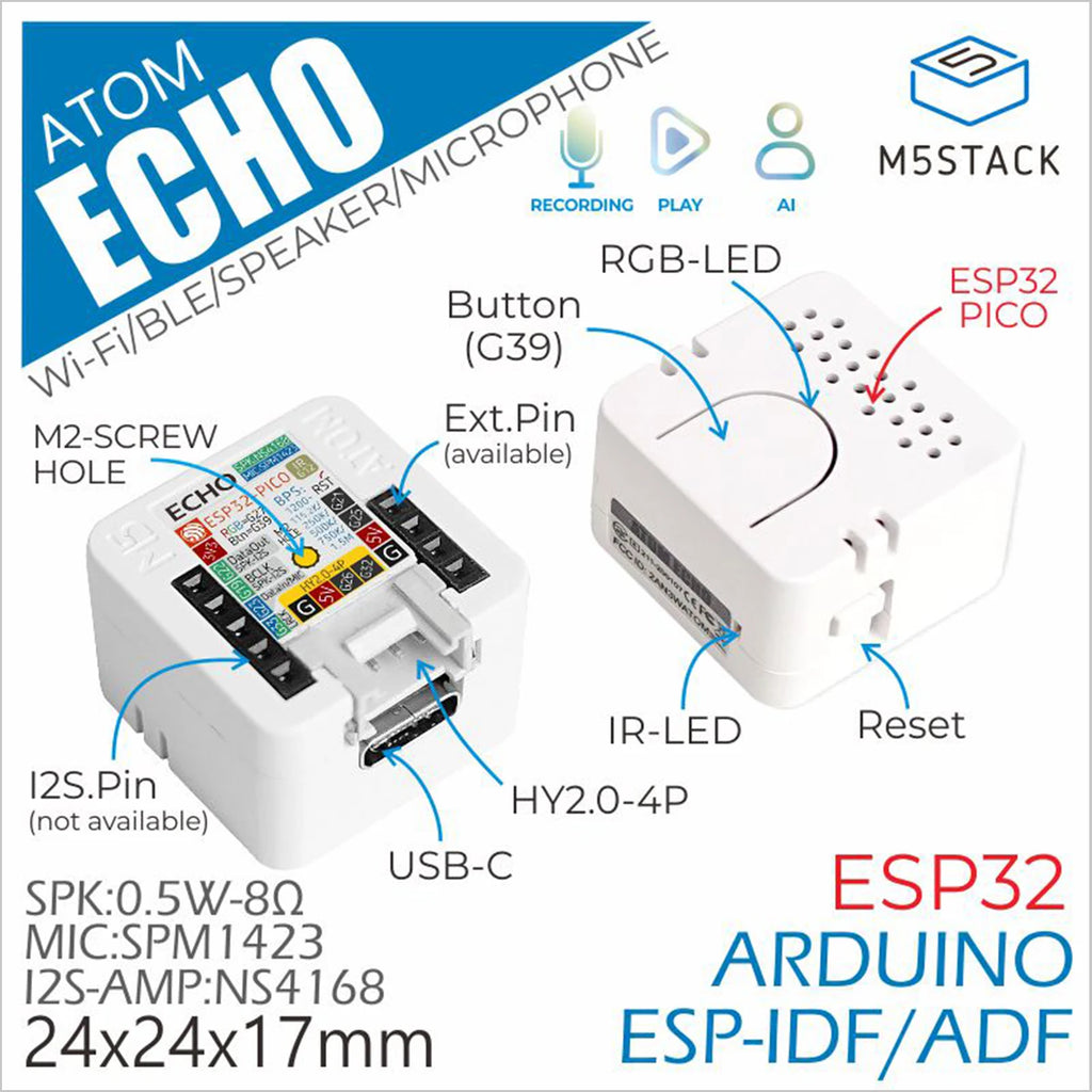 M5Stack Official ATOM Echo Programmable AI Smart Speaker with Built-in ESP32 Bluetooth WiFi Internet of Things Development Kit