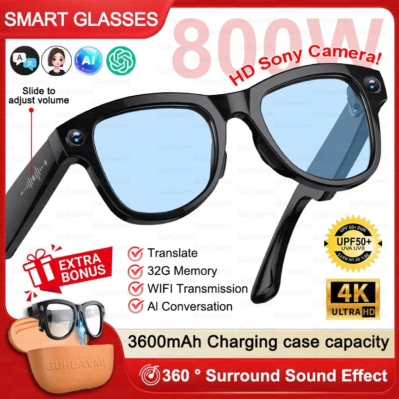 2026 AI Smart Glasses M02 Ultra 1080P HD Camera ChatGPT 3600mAh Charging Case Power Bank 32GB Translation Music Video Sunglasse