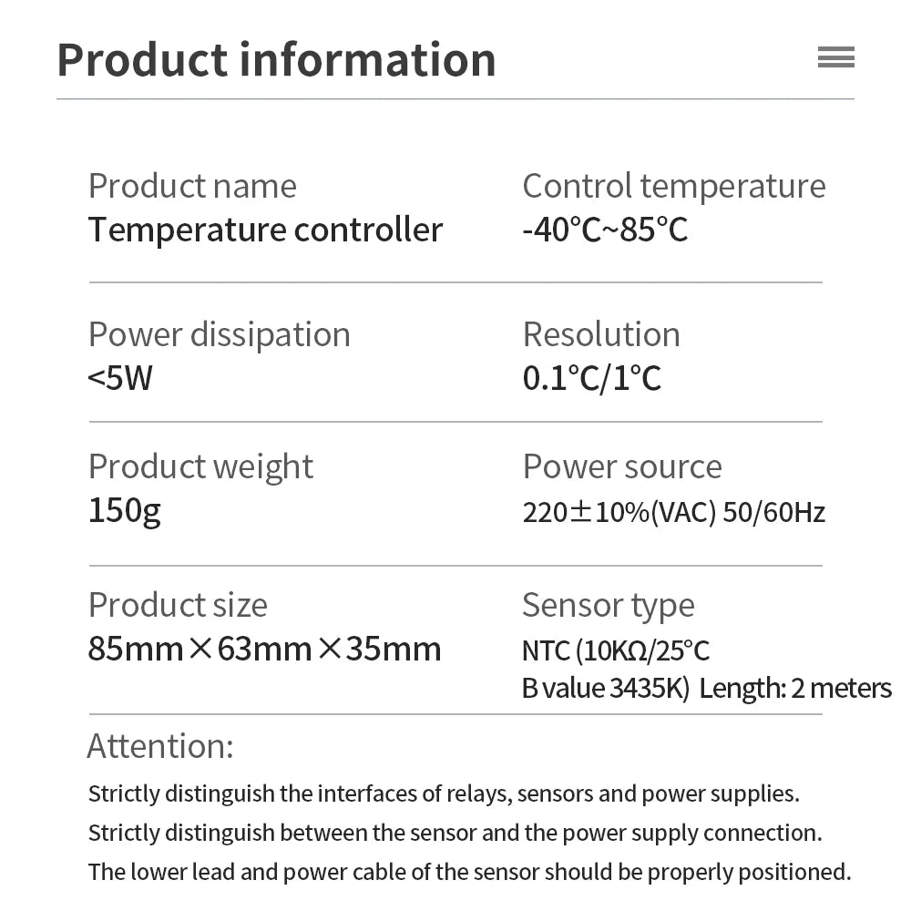 Digital Thermostat for Incubator Temperature Controller Heating Cooling Refrigeration Defrosting Fan Thermostat Relay Sensor