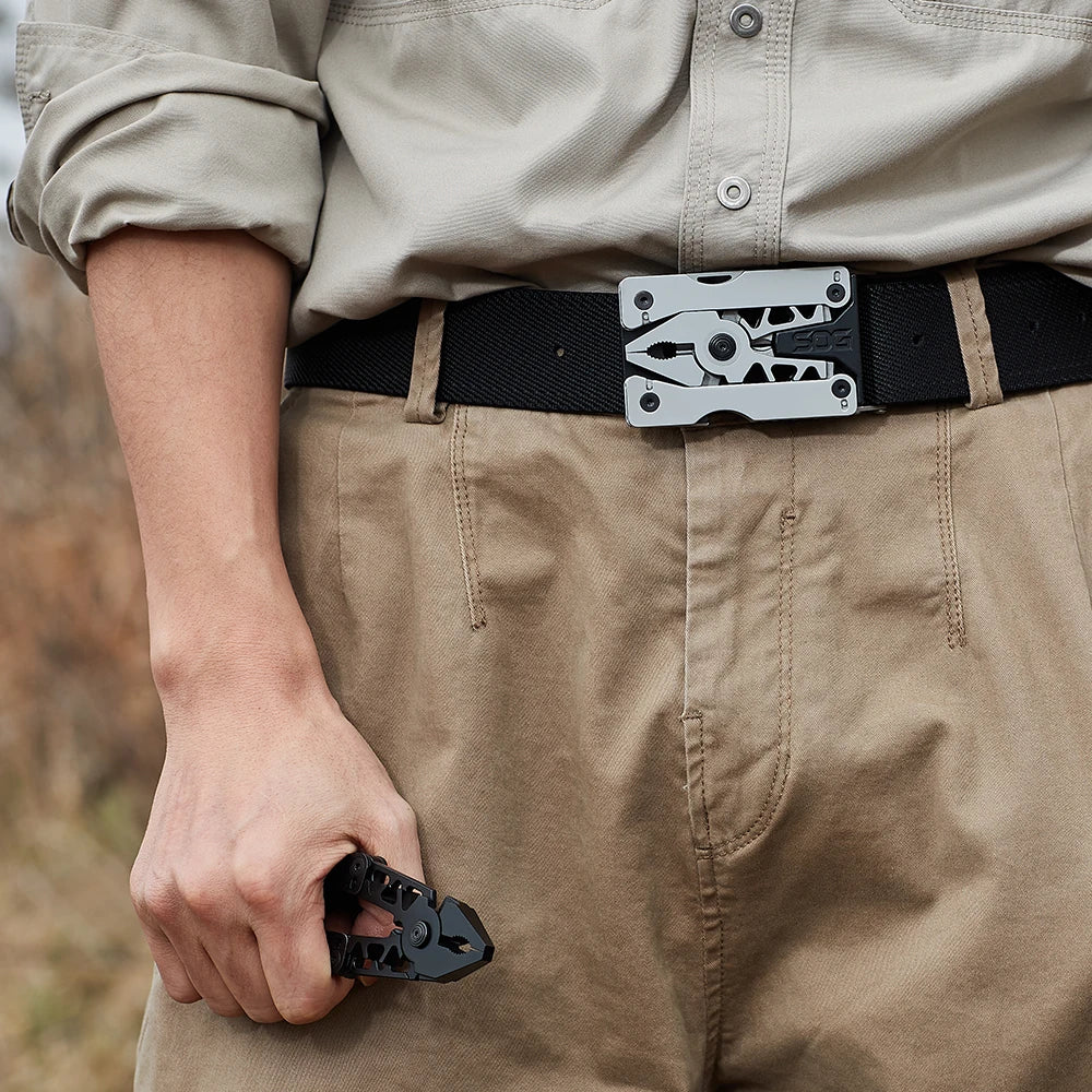 SOG Sync Mini Wearable Multitool Belt Buckle EDC Traveler Multi Tools Folding Pliers, Knife and 12 Survival Tools Kit For Men