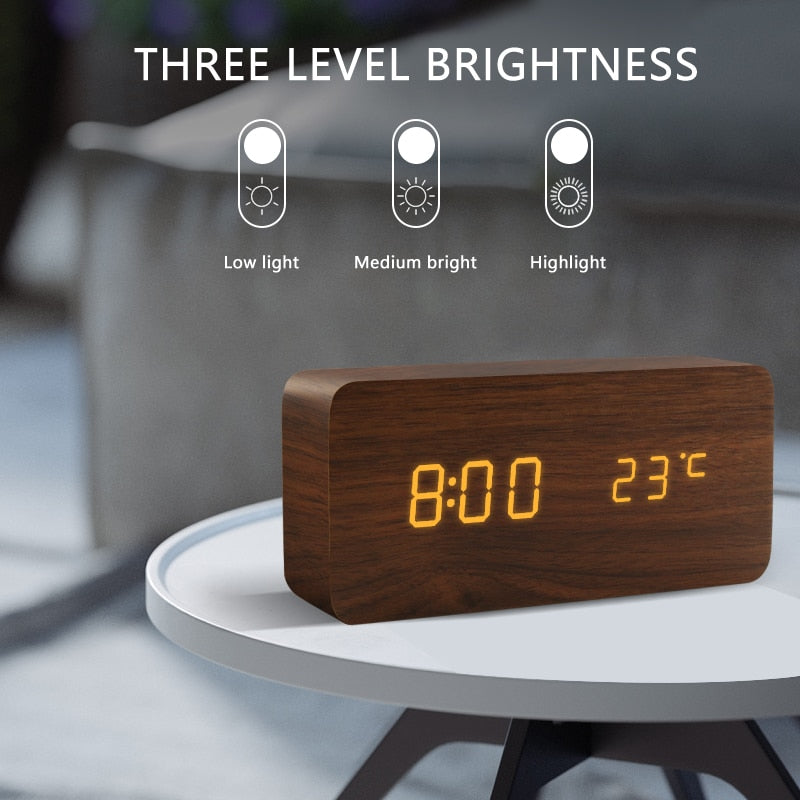 Table Voice Control Digital Wood Alarm Clock