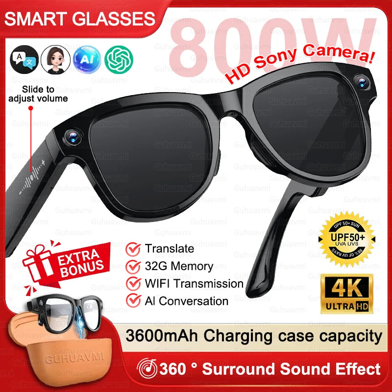 2026 AI Smart Glasses M02 Ultra 1080P HD Camera ChatGPT 3600mAh Charging Case Power Bank 32GB Translation Music Video Sunglasse